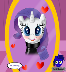 Size: 3840x4154 | Tagged: safe, artist:damlanil, imported from derpibooru, rarity, pony, unicorn, blushing, carousel boutique, catsuit, clothes, comic, cute, female, happy, heart, heart eyes, horn, latex, latex suit, looking at you, mare, mirror, open mouth, raribetes, rubber, shine, shiny, simple background, smiling, spy, suit, text, vector, wingding eyes