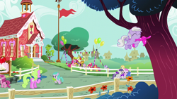 Size: 1280x720 | Tagged: safe, imported from derpibooru, screencap, apple bloom, applecore, aura (character), boysenberry, daisy, flower wishes, liza doolots, noi, peach fuzz, petunia, pinkie pie, piña colada, ruby pinch, scootaloo, sweet pop, sweetie belle, tootsie flute, tornado bolt, dog, earth pony, monkey, pegasus, pony, snake, unicorn, the one where pinkie pie knows, balloon, balloon animal, chatting, cutie mark crusaders, eyes closed, female, filly, flag, flying, heart, holding, mare, mouth hold, ponyville schoolhouse, puppy, school, talking, tree, trio, triple berry, walking