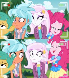 Size: 1357x1531 | Tagged: safe, imported from derpibooru, screencap, fleur-de-lis, frosty orange, pinkie pie, snails, equestria girls, equestria girls series, five lines you need to stand in, spoiler:eqg series (season 2), bathroom line, camera shot, desperation, female, fetish fuel, male, need to pee, omorashi, pinkie being pinkie, potty dance, potty emergency, potty time