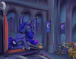 Size: 4200x3300 | Tagged: safe, artist:viwrastupr, imported from derpibooru, discord, princess luna, oc, oc:load bearing, oc:spark gap, alicorn, bat pony, draconequus, earth pony, unicorn, fanfic:fine print, bat pony oc, bat wings, bits, butt, disqord, female, high res, implied princess celestia, male, mare, moonbutt, png, q, sack, stallion, throne, throne room, wings