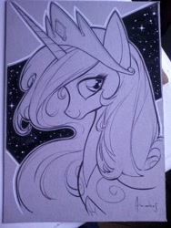 Size: 720x960 | Tagged: safe, artist:andres ponce, imported from derpibooru, princess celestia, alicorn, pony, bust, lineart, monochrome, portrait, solo, traditional art