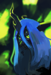 Size: 1500x2200 | Tagged: safe, artist:hierozaki, imported from derpibooru, queen chrysalis, changeling, changeling queen, bust, digital painting, female, mare, open mouth, portrait, solo