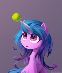 Size: 2100x2500 | Tagged: dead source, safe, artist:emeraldgalaxy, imported from derpibooru, izzy moonbow, pony, unicorn, :o, ball, cheek fluff, cute, eyes on the prize, female, g5, gray background, horn, horn guard, hornball, izzy's tennis ball, izzybetes, looking up, mare, open mouth, shoulder fluff, simple background, sitting, solo, tennis ball