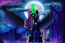 Size: 8400x5601 | Tagged: safe, artist:chub-wub, imported from derpibooru, nightmare rarity, alicorn, pony, unicorn, inspiration manifestation, absurd resolution, alicornified, bad end, female, full moon, glowing horn, horn, macro, mare, moon, night, nightmare raricorn, nightmarified, ponyville, race swap, solo, statue, xk-class end-of-the-world scenario