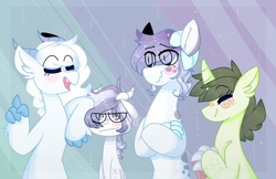 Size: 1400x905 | Tagged: safe, artist:sugarysharky, imported from derpibooru, oc, oc only, oc:dewdrop, oc:eclair, oc:eliaser, oc:lapis, dracony, dragon, hybrid, pony, eye clipping through hair, eyes closed, height difference, interdimensional siblings, interspecies offspring, offspring, parent:rarity, parent:spike, parents:sparity, siblings