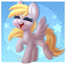 Size: 2361x2307 | Tagged: safe, artist:sakukitty, imported from derpibooru, derpy hooves, pegasus, pony, blushing, cute, derpabetes, eyes closed, female, mare, open mouth, raised hoof, smiling, solo, spread wings, wings