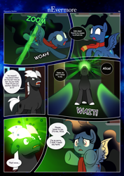 Size: 3259x4607 | Tagged: safe, artist:estories, imported from derpibooru, oc, oc:alice goldenfeather, oc:möbius, oc:penumbra, pegasus, pony, unicorn, comic:nevermore, clothes, comic, energy blast, female, glowing, glowing eyes, male, scarf, stallion, wings