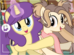 Size: 800x600 | Tagged: safe, artist:flash equestria photography, imported from derpibooru, oc, oc:caramel puff, oc:dakota dallas, pegasus, pony, unicorn, camera shot, clothes, duo, duo female, female, freckles, long mane, magic, scarf, selfie, show accurate, smiling, waving