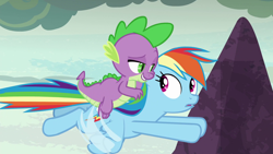 Size: 1920x1080 | Tagged: safe, imported from derpibooru, screencap, rainbow dash, spike, dragon, pegasus, pony, shadow play, dragons riding ponies, duo, female, flying, lidded eyes, looking at each other, male, mare, riding, spike riding rainbow dash