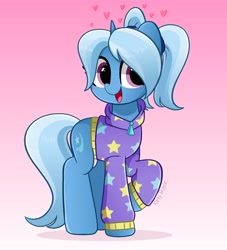 Size: 3714x4096 | Tagged: safe, artist:kittyrosie, imported from derpibooru, trixie, pony, unicorn, alternate hairstyle, alternate universe, babysitter trixie, blushing, clothes, cute, diatrixes, female, gradient background, hoodie, mare, open mouth, pigtails, solo