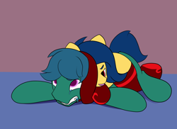 Size: 3142x2286 | Tagged: safe, artist:einboph, imported from derpibooru, oc, oc only, oc:soft step, pony, clothes, drool, female, male, mare, sleeper hold, socks, sports, squeezing, stallion, thigh highs, wrestling