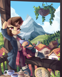 Size: 3260x4000 | Tagged: safe, artist:saxopi, imported from derpibooru, oc, oc only, oc:buttercup shake, pony, unicorn, balcony, clothes, cup, flower basket, house, looking at you, mountain, pants, scarf, scenery, sitting, solo, table, teacup, town