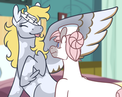 Size: 1398x1109 | Tagged: safe, artist:eonionic, imported from derpibooru, derpy hooves, nurse redheart, pony, bandage, cute, derpabetes, derpyheart, female, hair bun, hat, lesbian, nurse hat, shipping, spread wings, tongue out, wings