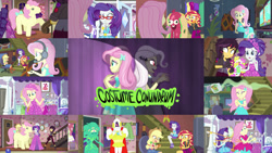 Size: 1280x721 | Tagged: safe, edit, edited screencap, editor:quoterific, imported from derpibooru, screencap, applejack, bulk biceps, fluttershy, posey, rarity, sunset shimmer, bat pony, human, costume conundrum, costume conundrum: applejack, costume conundrum: sunset shimmer, equestria girls, equestria girls series, spoiler:choose your own ending (season 2), spoiler:eqg series (season 2), applejack's hat, boots, clothes, costume, costume conundrum: rarity, cowboy boots, cowboy hat, cutie mark, cutie mark on clothes, denim skirt, eyes closed, female, gamershy, geode of empathy, geode of fauna, geode of shielding, geode of super strength, glasses, gritted teeth, hairpin, hat, headphones, headset, headset mic, high heels, jacket, jewelry, leather, leather jacket, magical geodes, male, measuring tape, necklace, open mouth, pony costume, rarity peplum dress, rarity's bedroom (equestria girls), rarity's glasses, shoes, skirt, teeth, vampire shimmer