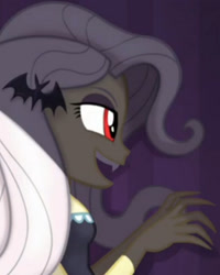 Size: 1920x2400 | Tagged: safe, imported from derpibooru, screencap, fluttershy, costume conundrum, equestria girls, equestria girls series, spoiler:eqg series (season 2), bat ponified, cropped, flutterbat, hairpin, red eyes, title card, vampire teeth