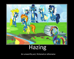 Size: 1099x880 | Tagged: safe, artist:thejboy88, edit, edited screencap, imported from derpibooru, screencap, fleetfoot, high winds, misty fly, rainbow dash, soarin', spitfire, surprise, pegasus, pony, newbie dash, caption, clothes, female, image macro, male, mare, motivational poster, rainbow trash, stallion, text, uniform, wonderbolts uniform