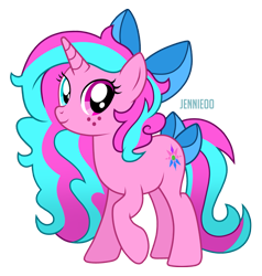 Size: 1141x1200 | Tagged: safe, artist:jennieoo, imported from derpibooru, oc, oc only, oc:creative delight, pony, unicorn, freckles, happy, heterochromia, ribbon, show accurate, simple background, smiling, solo, transparent background
