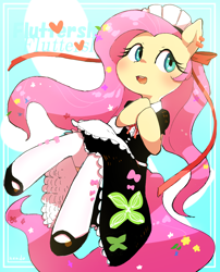Size: 1284x1590 | Tagged: safe, artist:fuyugi, artist:nendo, imported from derpibooru, fluttershy, semi-anthro, abstract background, clothes, cute, female, flower, flower in hair, fluttermaid, heart, maid, maid headdress, open mouth, petticoat, ribbon, shoes, shyabetes, socks, solo, stockings, thigh highs