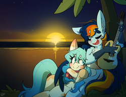 Size: 3300x2550 | Tagged: safe, artist:bbsartboutique, imported from derpibooru, oc, oc:seascape, oc:skysail, earth pony, hippogriff, pony, beach, blushing, cute, female, guitar, lei, male, musical instrument, palm tree, romantic, seasail, shipping, singing, sunset, tree