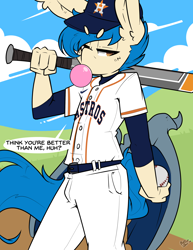 Size: 2550x3300 | Tagged: safe, artist:bbsartboutique, imported from derpibooru, oc, oc only, oc:moonshot, anthro, bat pony, baseball, baseball bat, bubblegum, dialogue, food, gum, hater fuel, houston astros, looking at you, male, solo, sports