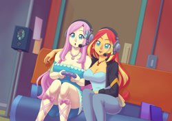 Size: 1760x1244 | Tagged: safe, artist:brother-tico, imported from derpibooru, fluttershy, princess luna, sunset shimmer, equestria girls, equestria girls series, game stream, spoiler:eqg series (season 2), arm around neck, big breasts, breasts, busty fluttershy, busty sunset shimmer, cleavage, clothes, controller, dress, duo, duo female, female, fluttershy boho dress, gamer sunset, gamershy, geode of empathy, geode of fauna, headset, huge breasts, magical geodes, sunset's apartment