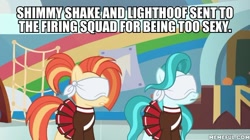 Size: 600x337 | Tagged: safe, edit, edited screencap, imported from derpibooru, screencap, lighthoof, shimmy shake, earth pony, pony, 2 4 6 greaaat, blindfold, caption, duo, duo female, female, g4, image macro, mare, text
