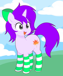 Size: 998x1200 | Tagged: safe, artist:ch-chau, imported from derpibooru, oc, oc only, oc:mable syrup, pony, unicorn, blind, bow, clothes, cloud, grass, happy, leaf, purple hair, socks, solo, striped socks