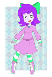 Size: 804x1200 | Tagged: safe, artist:ch-chau, imported from derpibooru, oc, oc only, oc:mable syrup, human, equestria girls, bow, clothes, deaf, dress, happy, humanized, platform boots, platform shoes, purple hair, simple background, socks, solo, striped socks, transparent background