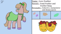 Size: 1280x720 | Tagged: safe, artist:schumette14, imported from derpibooru, oc, oc:love feather, earth pony, next generation, offspring, parent:feather bangs, parent:fond feather, parents:featherfond, parents:fondbangs