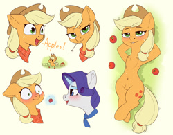 Size: 1632x1272 | Tagged: safe, artist:anti1mozg, imported from derpibooru, applejack, rarity, earth pony, pony, unicorn, apple, applebucking thighs, applejack's hat, bedroom eyes, belly button, blushing, chest fluff, chibi, cowboy hat, cute, female, floppy ears, food, freckles, hat, jackabetes, lesbian, lying down, magic, mare, neckerchief, nose wrinkle, on back, rarijack, shipping, shrunken pupils, straw in mouth, strawberry, sweat, sweatdrop, telekinesis, that pony sure does love apples