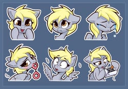 Size: 1268x882 | Tagged: safe, artist:anti1mozg, imported from derpibooru, derpy hooves, pegasus, pony, bust, concentrating, crying, cuffs, eyebrows, eyes closed, feather, female, flirting, flirty, floppy ears, happy, heart tongue, hoof hold, mare, mouth hold, open mouth, sad, screwdriver, shrunken pupils, startled, sticker pack, toaster, tongue out