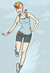 Size: 410x600 | Tagged: safe, artist:cloverweed, imported from derpibooru, rainbow dash, human, bandaid, belt, clothes, dog tags, ear piercing, earring, female, freckles, humanized, jewelry, piercing, shorts, solo, sports bra, tanktop, undercut, wristband