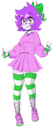 Size: 812x1907 | Tagged: safe, artist:bluewolfiess, artist:haichiroo, imported from derpibooru, oc, oc only, oc:mable syrup, human, equestria girls, bow, clothes, deaf, dress, humanized, peace sign, platform boots, platform shoes, purple hair, simple background, socks, solo, striped socks, transparent background