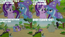 Size: 1280x720 | Tagged: safe, edit, edited screencap, editor:quoterific, imported from derpibooru, screencap, pharynx, starlight glimmer, trixie, changeling, pony, unicorn, to change a changeling, bag, cape, clothes, duo, duo female, eyes closed, female, flying, glowing horn, hat, horn, magic, magic aura, male, open mouth, purple changeling, solo, solo male, teleportation, trixie's cape, trixie's hat