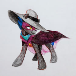 Size: 2240x2241 | Tagged: safe, artist:jewellier, imported from derpibooru, oc, oc only, crystal pony, pony, clothes, cosplay, costume, darkwing duck, mask, simple background, superhero, traditional art