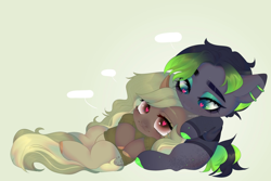 Size: 1280x854 | Tagged: safe, artist:azaani, imported from derpibooru, oc, oc only, earth pony, pony, unicorn, chibi, clothes, couple, cute, ear piercing, earring, earth pony oc, female, heart eyes, horn, jewelry, love, makeup, male, mare, piercing, sweater, talking, unicorn oc, wingding eyes