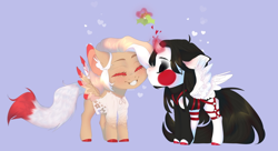 Size: 1280x695 | Tagged: safe, artist:azaani, imported from derpibooru, oc, oc only, alicorn, fox, fox pony, hybrid, original species, pegasus, pony, unicorn, alicorn oc, chibi, clothes, couple, cute, ear piercing, earring, female, fox tail, horn, jewelry, kissing, lesbian, love, magic, makeup, mare, piercing, shirt, sweater, unicorn oc, wings