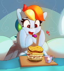 Size: 2813x3138 | Tagged: safe, artist:pabbley, imported from derpibooru, imported from ponybooru, rainbow dash, pegasus, pony, bed, blushing, breakfast, breakfast in bed, cute, dashabetes, female, food, frog (hoof), happy, heart, high res, looking down, mare, morning, mug, open mouth, pasta and potato sandwich on sourdough, pillow, rainbow dash's house, sandwich, sitting, smiling, solo, spread wings, tray, underhoof, wings