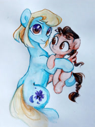 Size: 2157x2877 | Tagged: safe, artist:jewellier, imported from derpibooru, oc, oc only, oc:july, earth pony, pegasus, pony, female, hug, mother and child, mother and daughter, oda 997, simple background, traditional art
