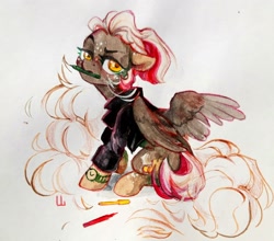 Size: 2476x2183 | Tagged: safe, artist:jewellier, imported from derpibooru, oc, oc only, oc:ciamon, pegasus, pony, clothes, jacket, leather jacket, oda 997, simple background, traditional art