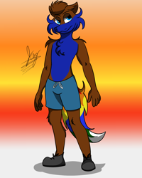 Size: 1200x1500 | Tagged: safe, artist:jay_wackal, imported from derpibooru, oc, oc only, oc:rubik, anthro, clothes, male, original character do not steal, pants, partial nudity, solo, solo male, topless