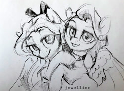 Size: 1600x1169 | Tagged: safe, artist:jewellier, imported from derpibooru, oc, oc only, pegasus, pony, hug, monochrome, oda 997, sketch, traditional art