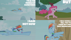 Size: 1280x720 | Tagged: safe, edit, edited screencap, editor:quoterific, imported from derpibooru, screencap, pinkie pie, rainbow dash, earth pony, pegasus, pony, griffon the brush off, season 1, crash, eyes closed, flying, gritted teeth, mountain, open mouth, running, slapstick, solo, teeth