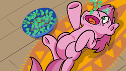 Size: 1920x1080 | Tagged: safe, artist:dinkyuniverse, imported from derpibooru, ruby pinch, pony, unicorn, aura, bowl, eating, female, filly, floor, food, fruit, grapes, herbivore, hooves, lazy, living room, lying, lying down, lying on the ground, magic, open mouth, raised hoof, raised leg, raised tail, rug, snack, tail, telekinesis, that pony sure does love grapes, tongue out, underhoof, wooden floor