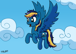 Size: 2631x1860 | Tagged: safe, artist:pony-berserker, imported from derpibooru, oc, oc only, oc:skystriker, pegasus, pony, cloud, female, flying, mare, open mouth, smiling, solo, spread wings, wings