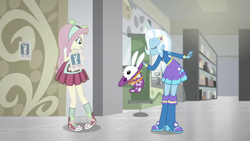 Size: 1280x720 | Tagged: safe, imported from derpibooru, screencap, angel bunny, fluttershy, trixie, rabbit, eqg summertime shorts, equestria girls, good vibes, animal, boots, clothes, converse, eyes closed, jacket, shoes, socks