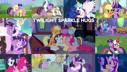 Size: 1280x721 | Tagged: safe, edit, edited screencap, editor:quoterific, imported from derpibooru, screencap, applejack, blue october, blueberry muffin, bon bon, doctor whooves, fluttershy, meadow song, moondancer, pinkie pie, princess cadance, princess celestia, princess ember, princess luna, rainbow dash, rarity, shining armor, spike, spring melody, sprinkle medley, sweetie drops, time turner, twilight sparkle, alicorn, dragon, earth pony, pegasus, pony, unicorn, a canterlot wedding, a royal problem, amending fences, fame and misfortune, friendship is magic, party pooped, princess twilight sparkle (episode), the crystal empire, the hooffields and mccolts, the saddle row review, triple threat, twilight's kingdom, ^^, applejack's hat, bipedal, confetti, cowboy hat, crying, crystal empire, cute, dashabetes, diapinkes, dragoness, duo, duo female, element of magic, eyes closed, female, hat, hug, jackabetes, male, mane seven, mane six, open mouth, ponyville, raribetes, shocked, shyabetes, single tear, sugarcube corner, teeth, trio, trio female, twiabetes, twilight sparkle (alicorn), twilight's castle, unicorn twilight