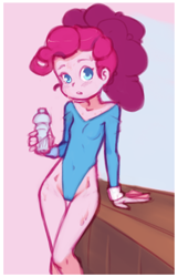 Size: 720x1120 | Tagged: safe, artist:drantyno, imported from derpibooru, pinkie pie, human, equestria girls, clothes, drink, high-cut clothing, hips, leaning, legs, leotard, ponytail, solo