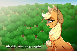 Size: 3000x2000 | Tagged: safe, artist:confetticakez, imported from derpibooru, applejack, earth pony, pony, ah shit here we go again, apple orchard, applebucking, carl johnson, female, grand theft auto, gta san andreas, here we go again, mare, meme, orchard, ponified meme, sitting, solo, swearing, vulgar