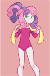 Size: 1040x1580 | Tagged: safe, artist:drantyno, imported from derpibooru, sweetie belle, equestria girls, clothes, cute, diasweetes, legs, leotard, ponytail, smiling, solo, towel